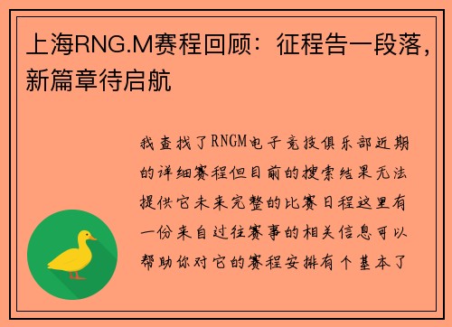 上海RNG.M赛程回顾：征程告一段落，新篇章待启航